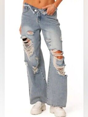 Edikted Foldover Low Rise Boyfriend Jeans